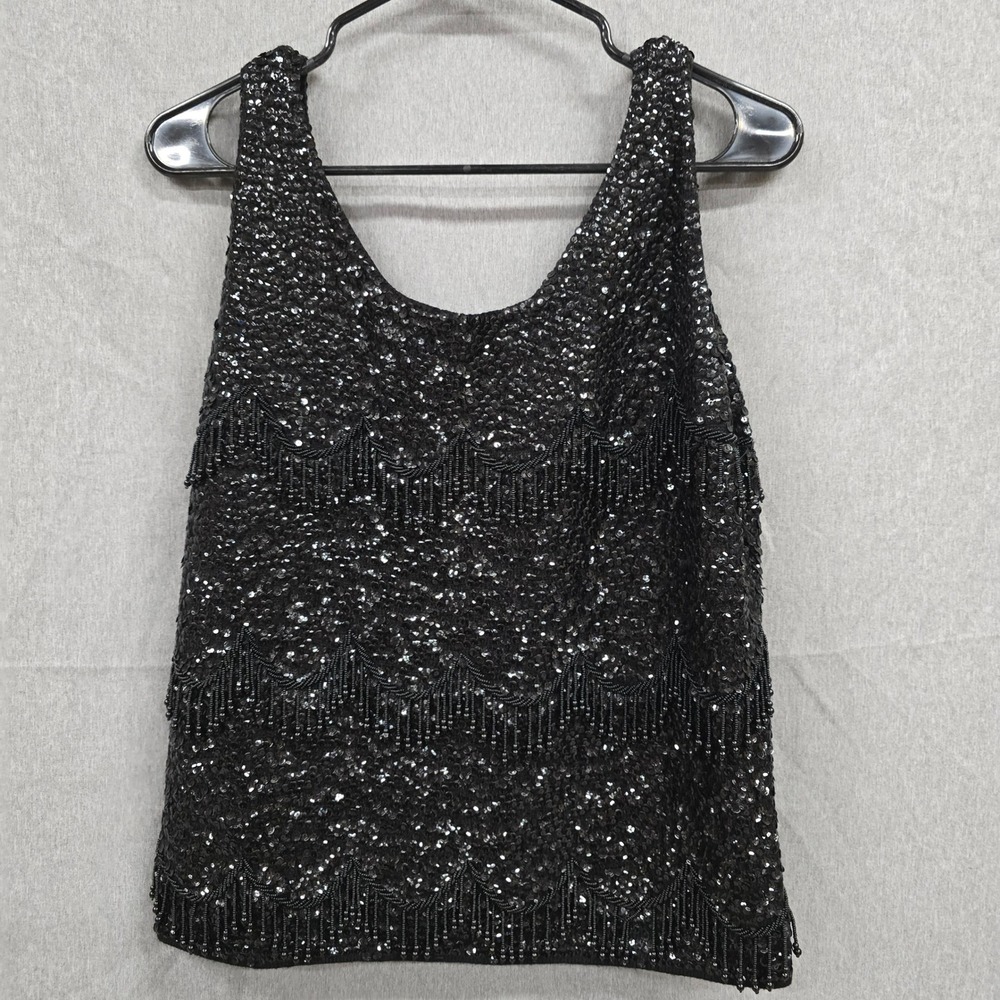 Vintage Black Sequin Beaded Fringe Wool Shell Top Hand Beaded Hong Kong Large